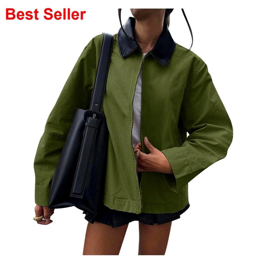 Lightweight Utility Jacket with PU Leather Collar, Zip Up, Pockets, Regular Fit